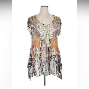 Artistic Lace-Trimmed Multicolor Tunic